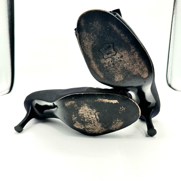 STUART WEITZMAN BLACK SATIN HEELS OPEN TOE HEELS RUFFLE DETAIL MADE IN SPAIN 9.5 - Picture 7 of 16